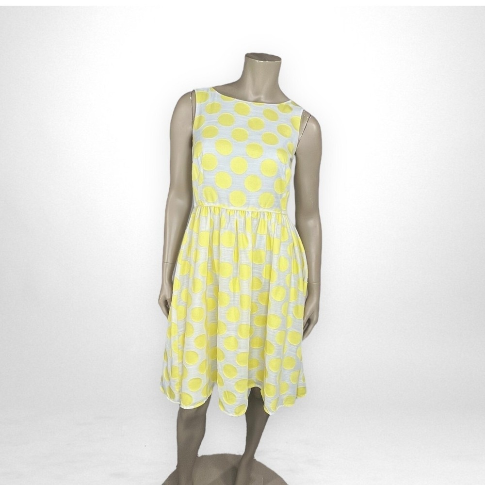 LOFT 2 Yellow White Polka Dot Retro Fit Flare Dress‎ Lightweight Casual